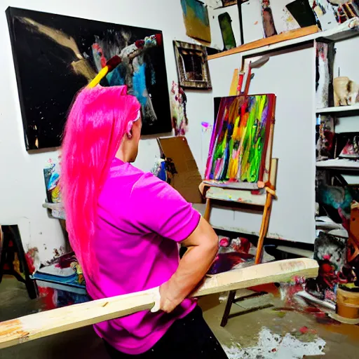 Image similar to surreal - a female artist (wearing pink hair and wearing black beret) swinging an ax with mad anger to cut a painting canvas in as paint flies throughout a dirty, dark art studio with paint cans on the floor and a computer in the corner