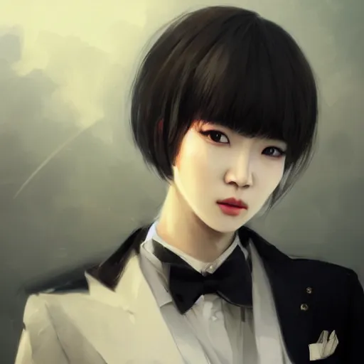 Image similar to portrait of a beautiful korean girl wearing a men's tuxedo, with bangs, long hair and bangs, angular features, angry expression, dramatic lighting, illustration by Greg rutkowski, yoji shinkawa, 4k, digital art, concept art, trending on artstation