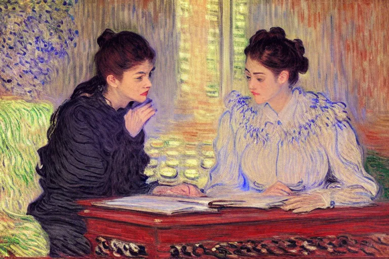 Image similar to portrait of two wise and very beautiful women discussing some texts appearing in a computer screen, art by monet, intricate, elegant, highly detailed, smooth, sharp focus, artstation