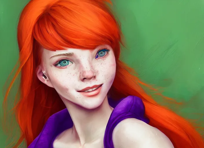 Prompt: portrait of a beautiful smiling girl with orange hair and freckles, green eyes, style by Gretel Lusky, artstation, concept art, background is purple