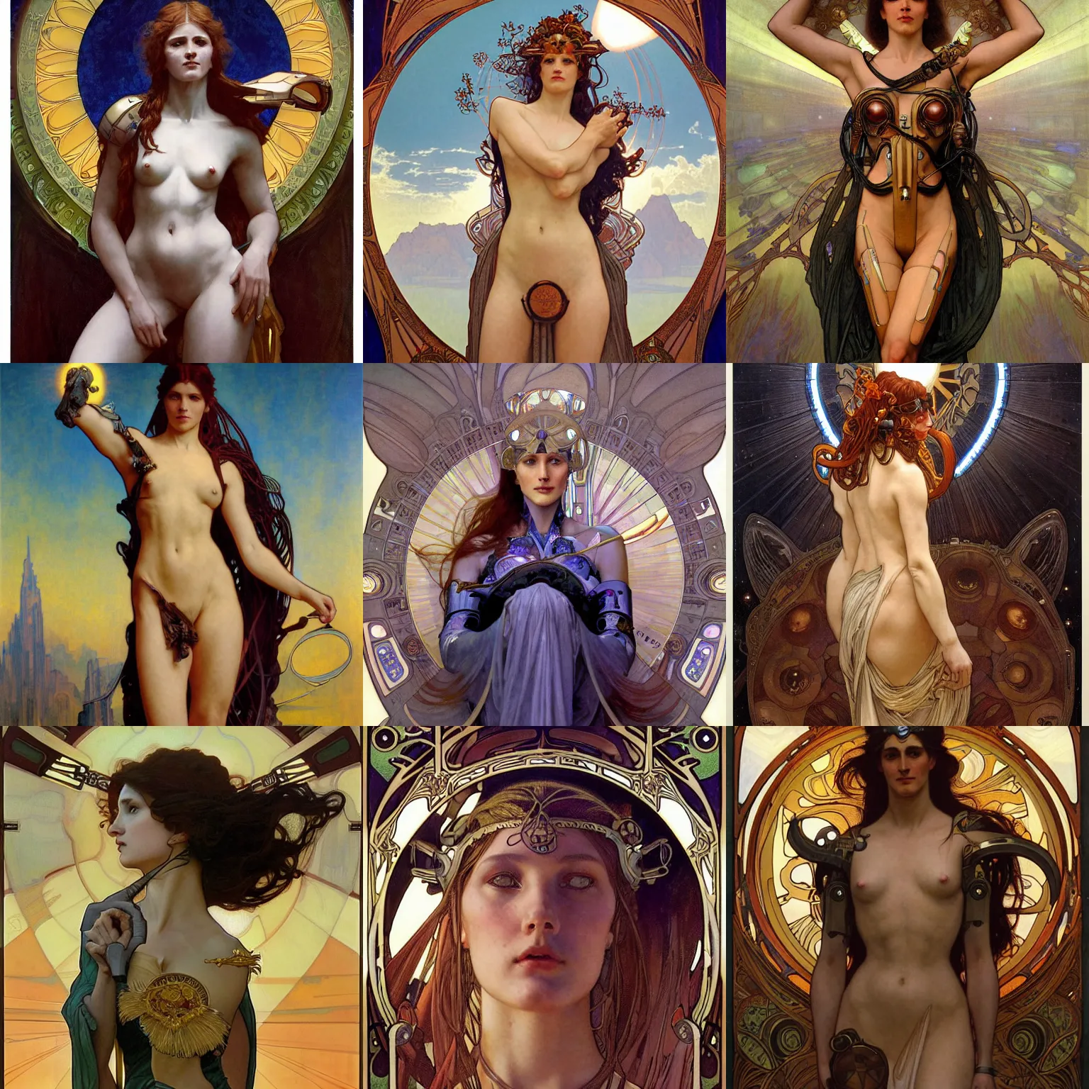 Prompt: stunning, breathtaking, awe-inspiring award-winning concept art nouveau painting of attractive cyborg as the goddess of the sun, with anxious, piercing eyes, by Alphonse Mucha, Michael Whelan, William Adolphe Bouguereau, John Williams Waterhouse, and Donato Giancola, cyberpunk, extremely moody lighting, glowing light and shadow, atmospheric, cinematic, 8K