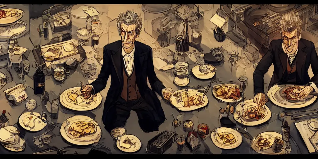 Image similar to cartoonish peter capaldi eating dinner, character sheet, fine details, concept design, contrast, kim jung gi, greg rutkowski, trending on artstation, 8 k, full body, turnaround, front view, back view, ultra wide angle