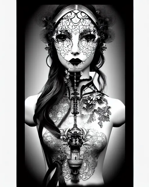 Image similar to black and white masterpiece profile portrait painting with no frame, one steampunk eye silver lace floral biomechanical beautiful young female cyborg, big monocular, volumetric light, hibiscus flowers, by hg giger, rim light, big gothic fashion pearl embroidered collar, 8 k