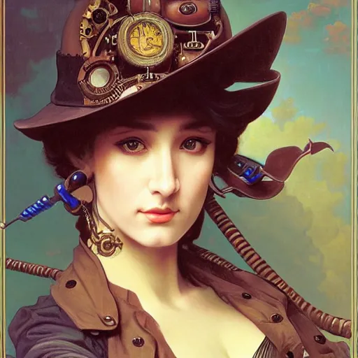 Image similar to a portrait painting of a steampunk fantasy lady, highly detailed, art by tristan eaton and artgerm and william - adolphe bouguereau