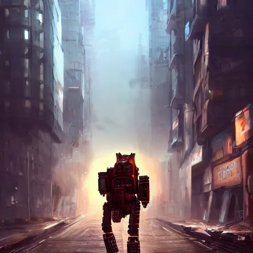 Image similar to A photorealistic render of Garfield the cat as a giant robotic mech suit, walking through a post-apocalyptic cityscape, ArtStation