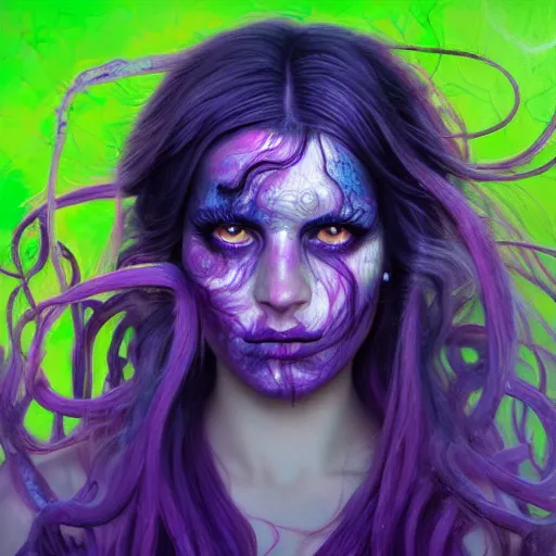 Image similar to detailed photo portrait of a furious teen girl with thin, hair-like purple tentacles on her head and bright purple eyes, 8k,by tristan eaton, Stanley Artgermm,Tom Bagshaw,Greg Rutkowski,Carne Griffiths,trending on DeviantArt, face enhance,hyper detailed ,full of colour, dramatic lightning