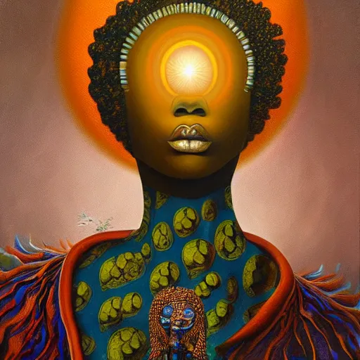 Prompt: a surreal cognitive illusion, african goddess afro nebula, by oleg shupliak and jeffrey smith, oil on canvas, afrofuturism, surrealism