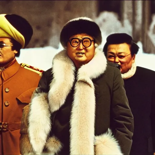 Image similar to filmstill of Kim Jong-il wearing a furry chapka and playing the role of Omar Sharif in Doctor Zhivago by David Lean, 1965, cinemascope, Eastman Color Negative 50T 5251 Neg. Film, epic romance