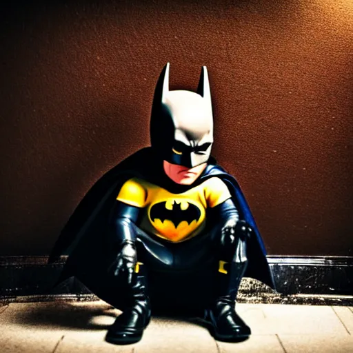 Image similar to close shot photo of batman sitting on a toilet, dirty tiles in the wall, tight room, dramatic lights, dark colours