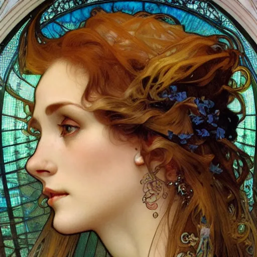 Prompt: realistic detailed masterpiece head and shoulders profile portrait of Mia Kirschner by Alphonse Mucha, Ayami Kojima, Amano, Charlie Bowater, Karol Bak, Greg Hildebrandt, Jean Delville, and Mark Brooks, Art Nouveau, Neo-Gothic, gothic, elegant portrait of Mia Kischner, rich deep moody colors