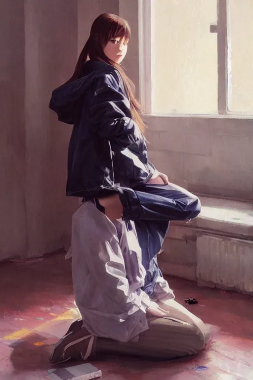 Image similar to A ultradetailed beautiful panting of a stylish girl sitting on the floor of a messy apartment, she is wearing an oversized jacket, Oil painting, by Ilya Kuvshinov, Greg Rutkowski and Makoto Shinkai