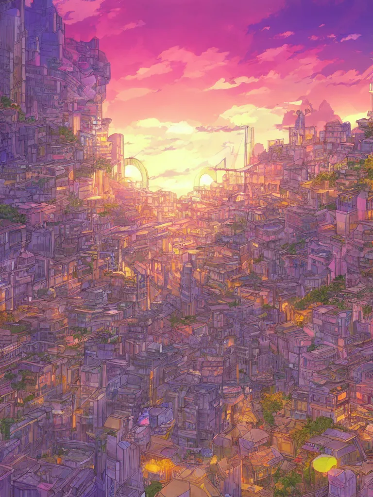 Image similar to a digital art of sunset, a metropolis beside the river, by studio ghibli and hayao miyazaki, highly - detailed, anime, deviantart