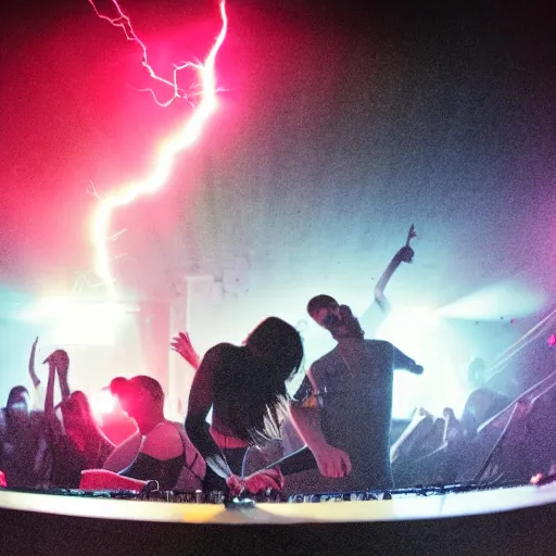 Prompt: low angle shot of lightning striking a synthesizer in a dance club, dark dancing silhuettes in the background, bokeh, dramatic lighting, oil painting