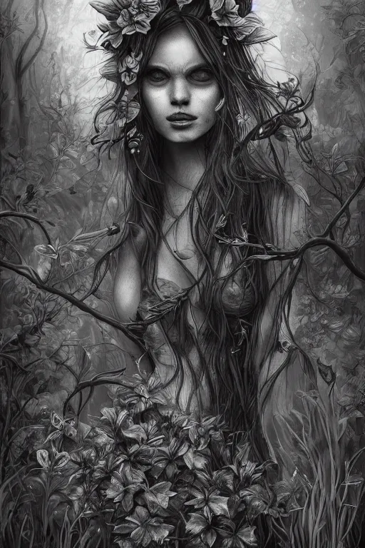 Prompt: book cover | plant fairy | digital painting | highly detailed | ultra realistic | dark fantasy | vivid colors | cinematic atmosphere | hyper detailed | black and white | strong lines