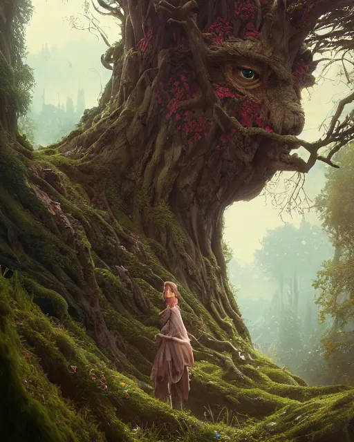 Image similar to highly detailed surreal vfx portrait of a fearless ent in a fairytale world, stephen bliss, unreal engine, greg rutkowski, loish, rhads, beeple, makoto shinkai and lois van baarle, ilya kuvshinov, rossdraws, tom bagshaw, alphonse mucha, global illumination, detailed and intricate environment