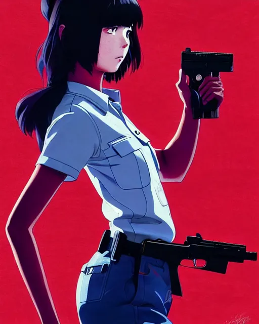 Image similar to girl wearing uniform, holding gun | | audrey plaza, fine detail!! anime!! realistic shaded lighting!! dramatic!! poster by ilya kuvshinov katsuhiro otomo ghost - in - the - shell, magali villeneuve, artgerm, jeremy lipkin and michael garmash and rob rey