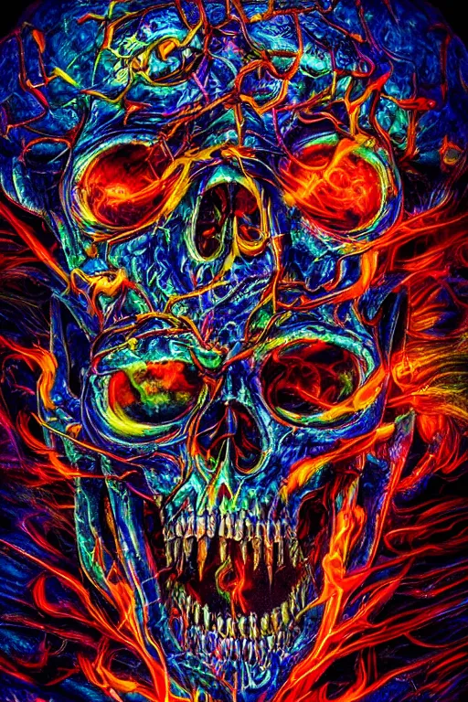 Image similar to 35 mm lens photo of chthonic scull lsd colors with sharp teeth and rgb background smoke, direct sunlight, glowing, vivid, detailed painting, Houdini algorhitmic pattern, by Ross Tran, WLOP, artgerm and James Jean, masterpiece, award winning painting