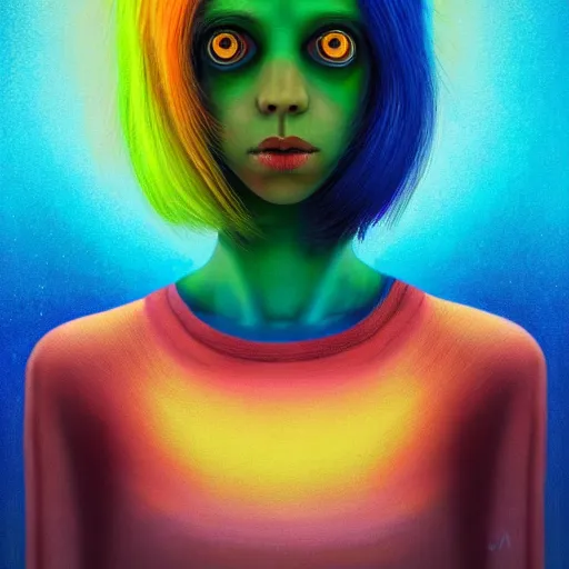 Prompt: a portrait of an intelligent young women with rainbow hair looking at the camera, she has a beautiful unconventional face, vibrant colors, dynamic lighting, digital art, winning award masterpiece, fantastically beautiful, illustration, aestheticly inspired by beksinski and dan mumford, mark ryden upscale with simon stalenhag work, artstation, 8 k