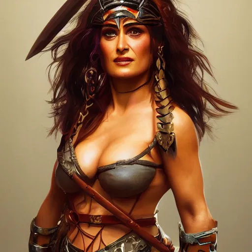 Image similar to portrait of salma hayek as barbarian warrior, au naturel, hyper detailed, digital art, trending in artstation, cinematic lighting, studio quality, smooth render, unreal engine 5 rendered, octane rendered, art style by klimt and nixeu and ian sprigger and wlop and krenz cushart.