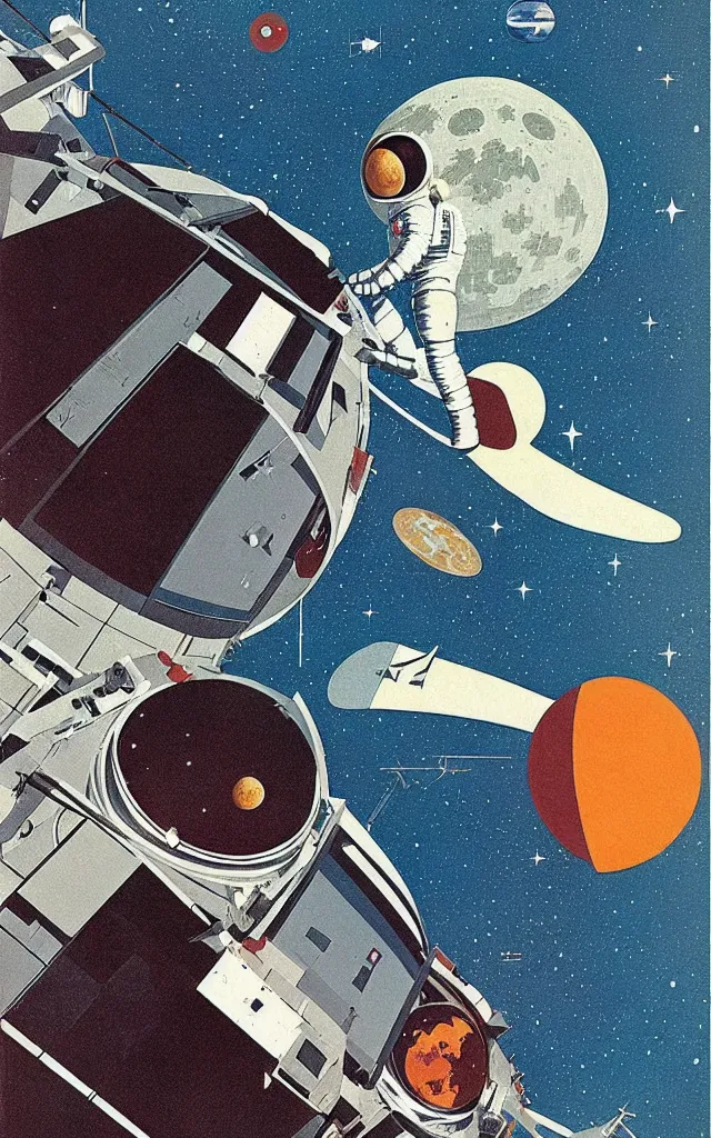 Prompt: Apollo 11. bauhaus art. retro comicbook art. dean ellis.