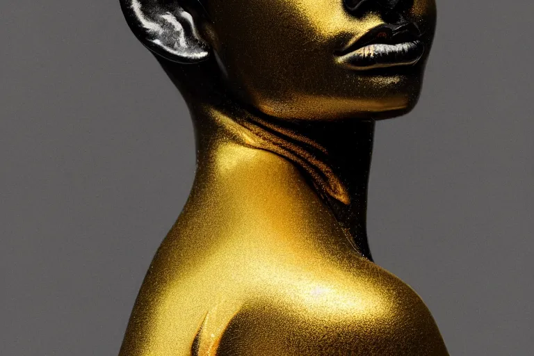 Image similar to hyperdetailed masterpiece portrait of a glossy black marble statue of a woman covered in gold metallic liquid in the style of virgil abloh, offwhite, heron prestorn, denoise, vogue, paris, fashion, louvre museum, highly detailed, realistic, hyperreal, 8 k, 4 k, render