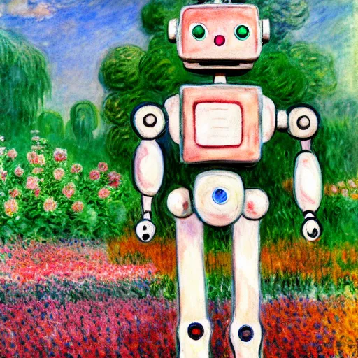 Image similar to a robot standing on flower garden, watercolor art, 1 8 8 0 s, calude monet style, colorfule, hd, uhd