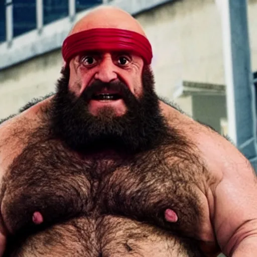 Image similar to Danny Devito staring as Zangief in the Street Fighter 2024 movie