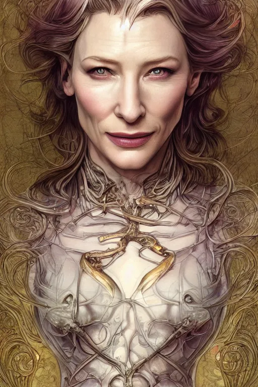 Prompt: cate blanchett, anatomy, cute, fantasy, intricate, elegant, highly detailed, digital painting, 4 k, hdr, concept art, smooth, sharp focus, illustration, art by artgerm and h r giger and alphonse mucha