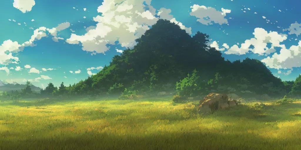 Prompt: an open prairie with mountains in the distance and clouds in the sky ， by makoto shinkai