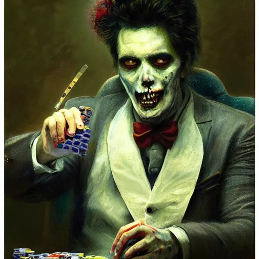 Prompt: UHD tonalism painting of Zombie Elvis playing poker, by Antonio Caparo and Ferdinand Knab and Greg Rutkowski, UHD, photorealistic, trending on artstation, trending on deviantart