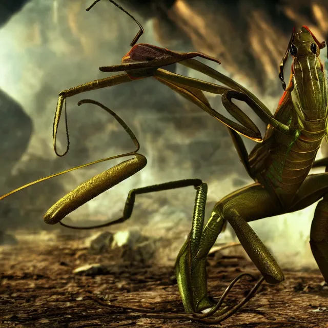 Image similar to praying mantis in mortal kombat, fighter, 3 d videogame render, 4 k