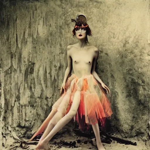 Image similar to kodak portra 4 0 0, wetplate, photo of a surreal artsy dream scene,, girl, weird fashion, grotesque, extravagant dress, photographed by paolo roversi style