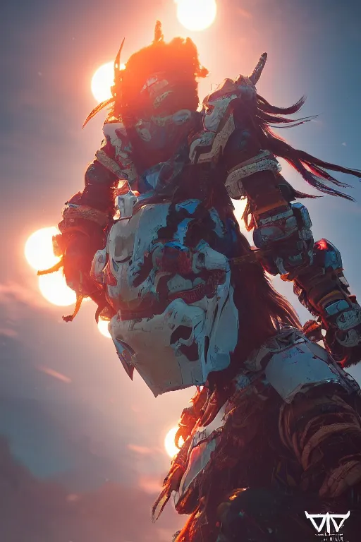 Image similar to combination suit armor aloy horizon forbidden west horizon zero dawn robot ninja mask helmet backpack tribal, aesthetic octane render, 8 k hd resolution, by ilya kuvshinov and cushart krentz and gilleard james radiating a glowing aura cgi rtx 2 0 2 2