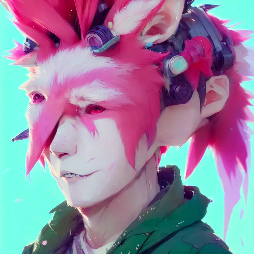 Image similar to a beautiful portrait of a handsome anime male boy with pink hair and pink wolf ears and green eyes wearing cyberpunk clothes. character design by cory loftis, fenghua zhong, ryohei hase, ismail inceoglu and ruan jia. artstation, volumetric light, detailed, photorealistic, fantasy, rendered in octane