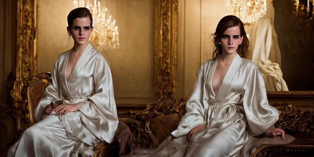 Prompt: portrait Emma Watson flowing silk robes baroque room cinematic lighting Stanley Kubrick Barry Lyndon canon 5d mk4