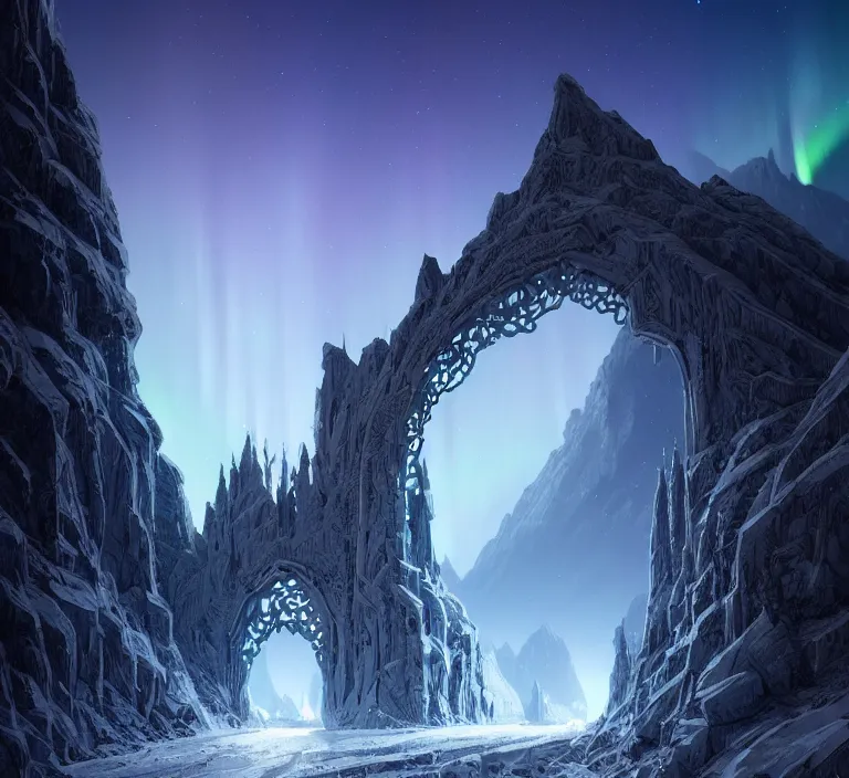 Image similar to a very detailed concept art of intricate and well designed white gates to epic mountains, infused with aurora borealis by greg rutkowski, dynamic lighting trending on artstation, symmetry, digital art, 4 k, hyper realistic, octane render, sharp focus