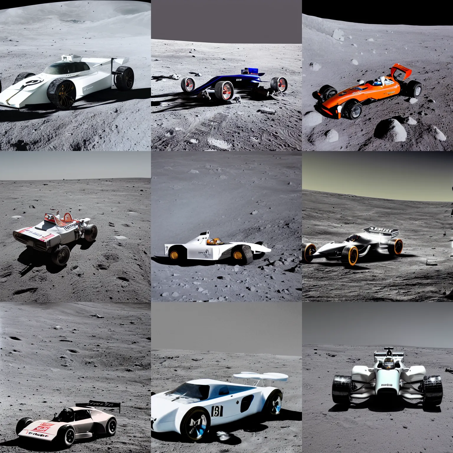 Prompt: a F1 sports car on the moon, award winning photography