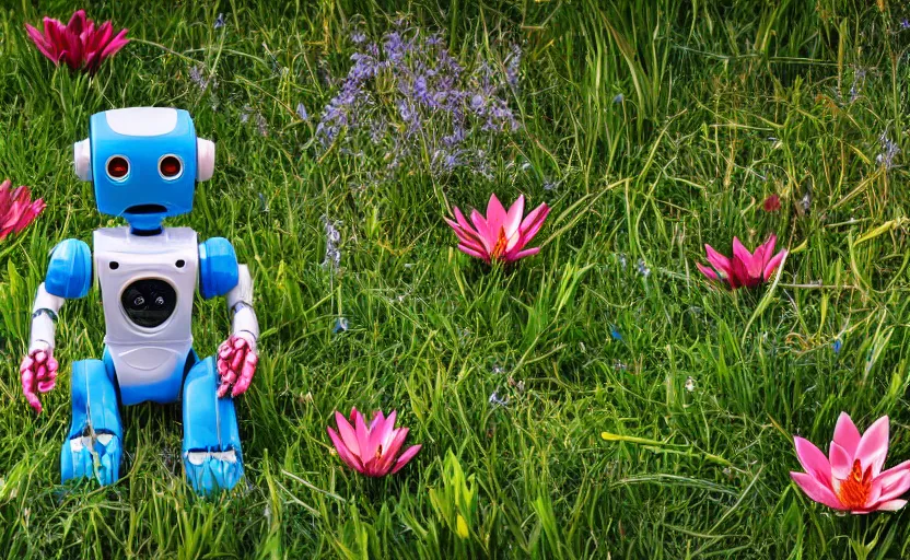 Prompt: close-up of a robot sitting down, reaching to grab a single flower in the grass, utopian grassy landscape background, pond with frogs and lilypads, sun shining through the leaves, highly detailed, high quality, HD, 4k, 8k, Canon 300mm, professional photographer, 40mp, lifelike, top-rated, award winning, realistic, sharp, no blur, edited, corrected, trending