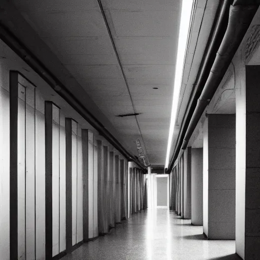 Prompt: noisy color photograph of a liminal space in the style of brutalism, wise hallways with high ceilings, minimalist, oddly familiar, cinematic, dramatic lighting, soft vintage glow