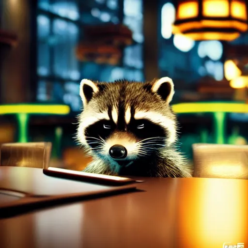 rocket raccoon sitting alone at a table in a cafe in a | Stable ...