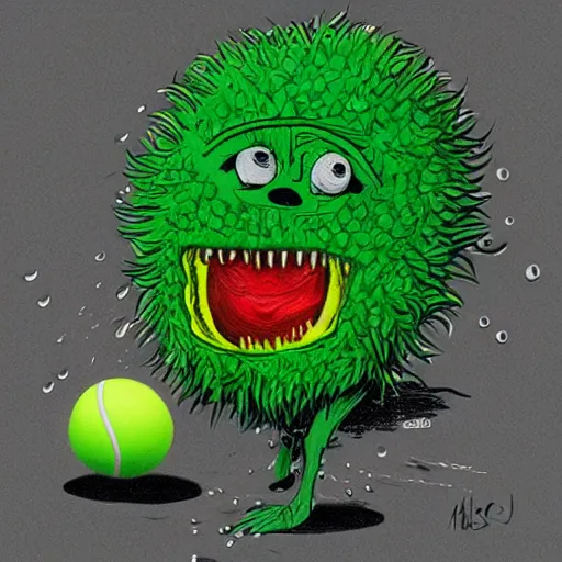 Image similar to a tennis ball monster ,tennis ball, rain, chalk, digital art, fantasy, magic, trending on artstation, ultra detailed, professional illustration by Basil Gogos