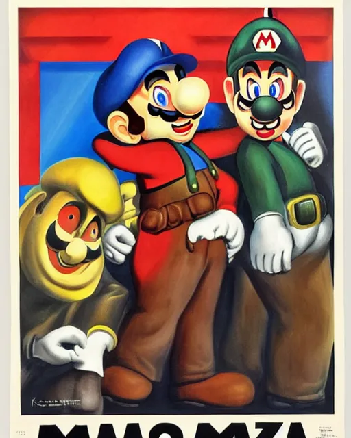 Prompt: a teaser poster for a 1 9 3 5 mafia drama starring the mario brothers painted by karoly grosz, detailed, dramatic, movie poster, oil painting