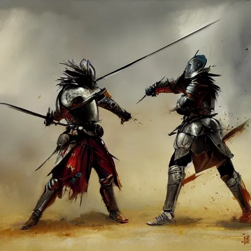 Prompt: a duel between two knights on a battlefield by Jeff Legg, digital painting, concept art