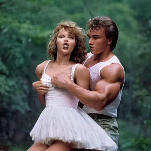 Image similar to portrait shot of young arnold schwarzenegger holding close dirty dancing in the rain with jennifer lawrence beautiful white wet dress, 5 0 mm kodak, beautiful light, best lense, 9 0 s romantic comedy, 4 k