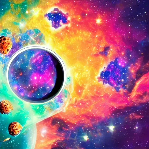 Image similar to a picture of a morning breakfast table with a cereal bowl with a nebula inside, highly intricate and colorful, nebula, galaxy, highly detailed illustration