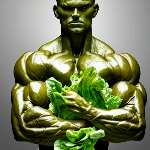 Image similar to sculpture of a bodybuilder made entirely from fresh lettuce, by antoni gaudi, studio lighting, 8 k, high quality, professional photography