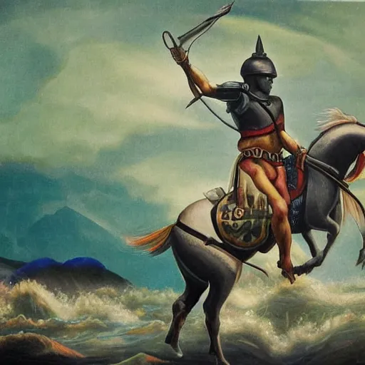 Image similar to a exotic metro pollynsdian warrior riding horse through a river, painted by jorgihno gisbana and takashi tokyo, style of ultra capitalism surrealism, surrealist artwork, ancho socialist styling