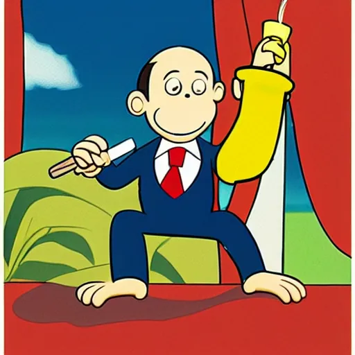 Prompt: curious george smoking a bong