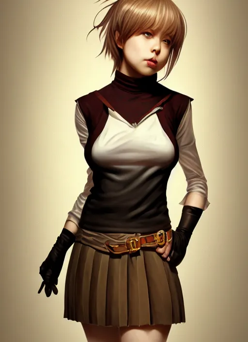 Image similar to portrait of a full body of beautiful young female detective, d & d, sleeveless turtleneck, pleated skirt, fantasy, flat lighting, intricate, highly detailed, digital painting, artstation, concept art, smooth, sharp focus, illustration, misa amane, art by simon bisley and greg rutkowski and alphonse mucha, natural tpose