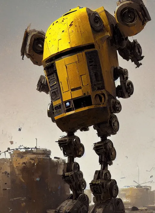 Image similar to tall strong intricate yellow pit droid, pancake short large head painterly mecha, by Greg Rutkowski